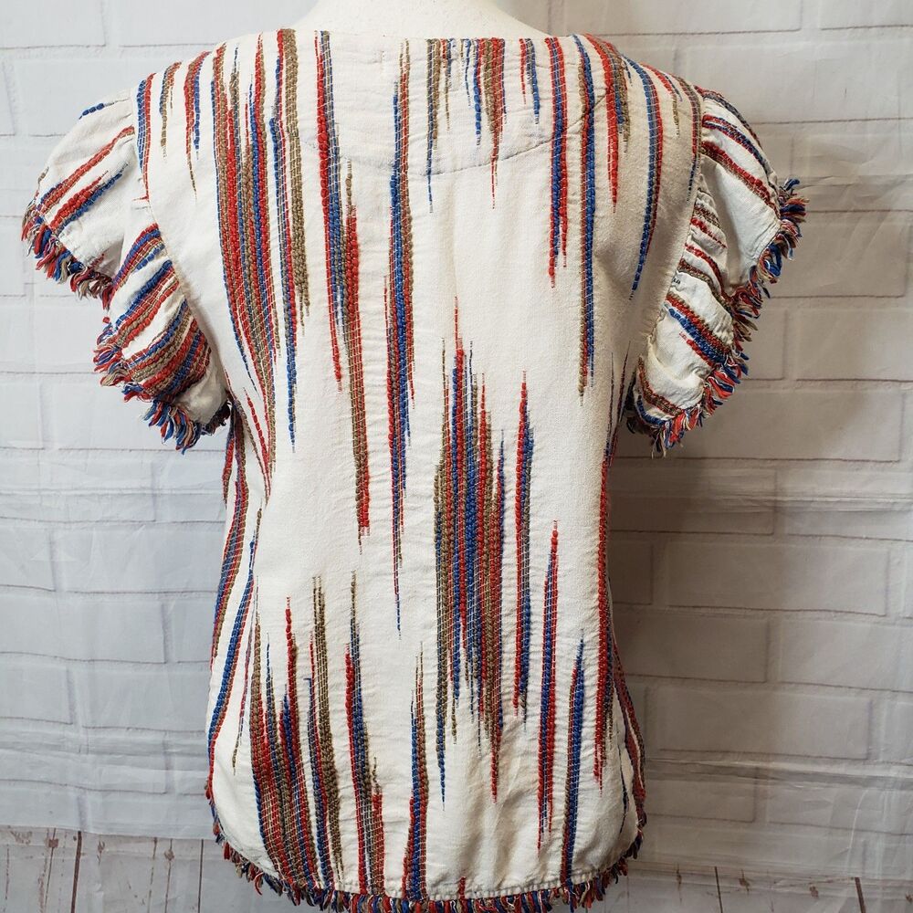 THML Boho Embroidered Flutter Sleeve Top Multicolor Fringe Trim size M - Picture 3 of 6
